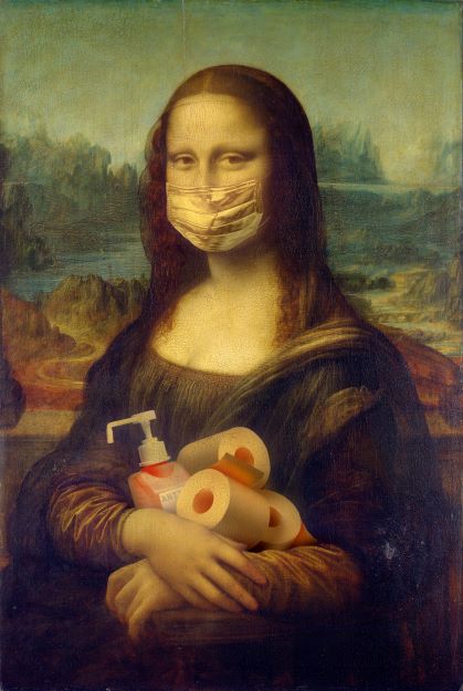 A re-imagined painting of Mona Lisa wearing a face mask, holding a bottle of hand sanitizer and toilet paper rolls