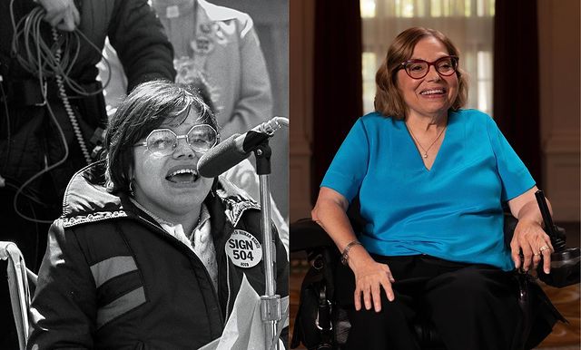 Left: A black-and-white photo of Judy Heumann, a disability rights advocate, speaking into a microphone. She is sitting in her wheelchair, wearing glasses and a badge that reads "sign 504".

Right: A color photo of Judy Heumann smiling in her wheelchair. She is wearing glasses and a blue top.